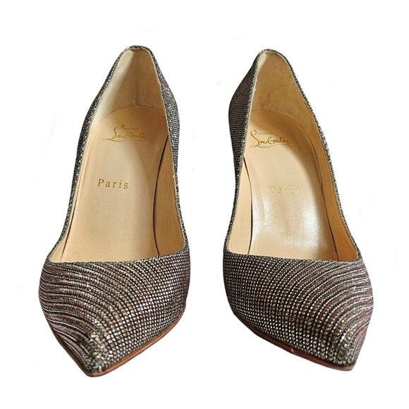 CHRISTIAN LOUBOUTIN METALLIC GLITTER NUDE DECOLTISH 85 NAPPA HEELS (38) - Picture 3 of 11